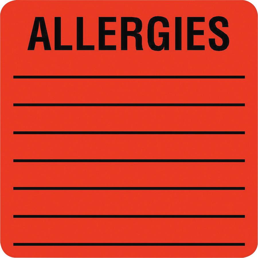 Tabbies Square ALLERGIES Labels - 2" Width x 2" Length - Permanent Adhesive - Square - Fluorescent Red - 500 / Roll - 500 / Roll. Picture 2