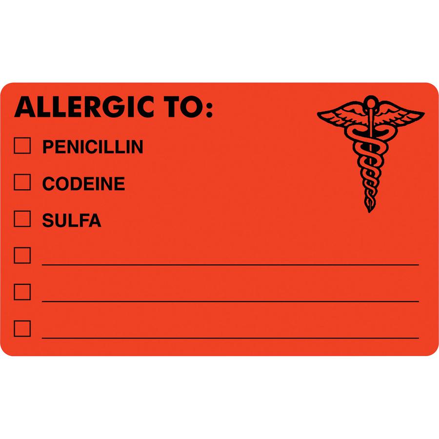 Tabbies ALLERGIC TO Medical Allergy Label - 4" Width x 2" Length - Permanent Adhesive - Rectangle - Fluorescent Red - 100 / Roll - 100 / Roll - Self-adhesive. Picture 2