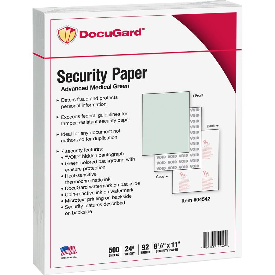 DocuGard Advanced Medical Security Paper - Letter - 8 1/2" x 11" - 24 lb Basis Weight - 500 / Ream - Tamper Resistant, Erasure Protection, Watermarked, CMS Approved - Green. Picture 2