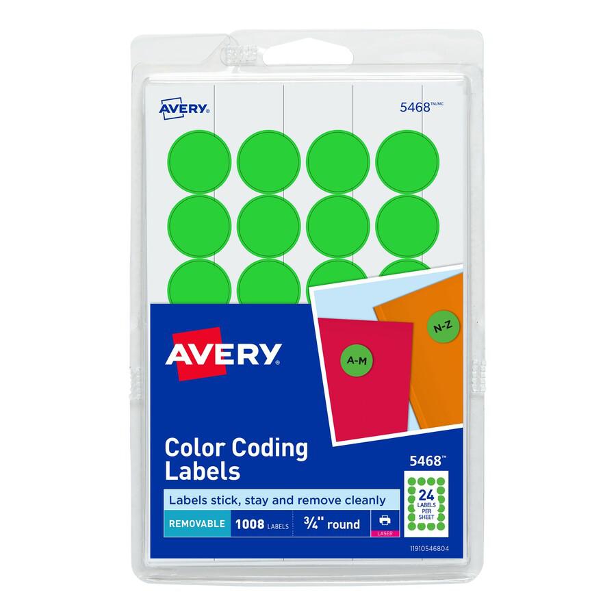 Avery&reg; Removable Color-Coding Labels - - Width3/4" Diameter - Removable Adhesive - Round - Laser - Matte - Neon Green - Paper - 24 / Sheet - 42 Total Sheets - 1008 Total Label(s) - 1008 / Pack. Picture 2
