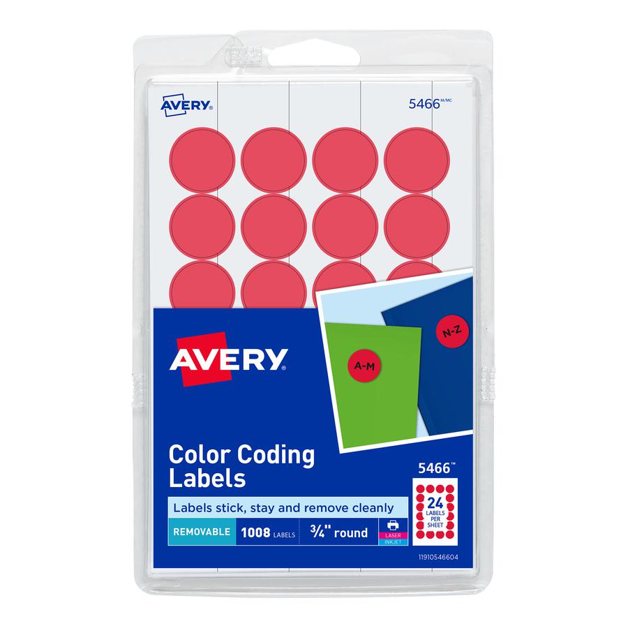 Avery&reg; Color-Coding Labels - - Width3/4" Diameter - Removable Adhesive - Round - Laser, Inkjet - Matte - Red - Paper - 24 / Sheet - 42 Total Sheets - 1008 Total Label(s) - 1008 / Pack. Picture 3