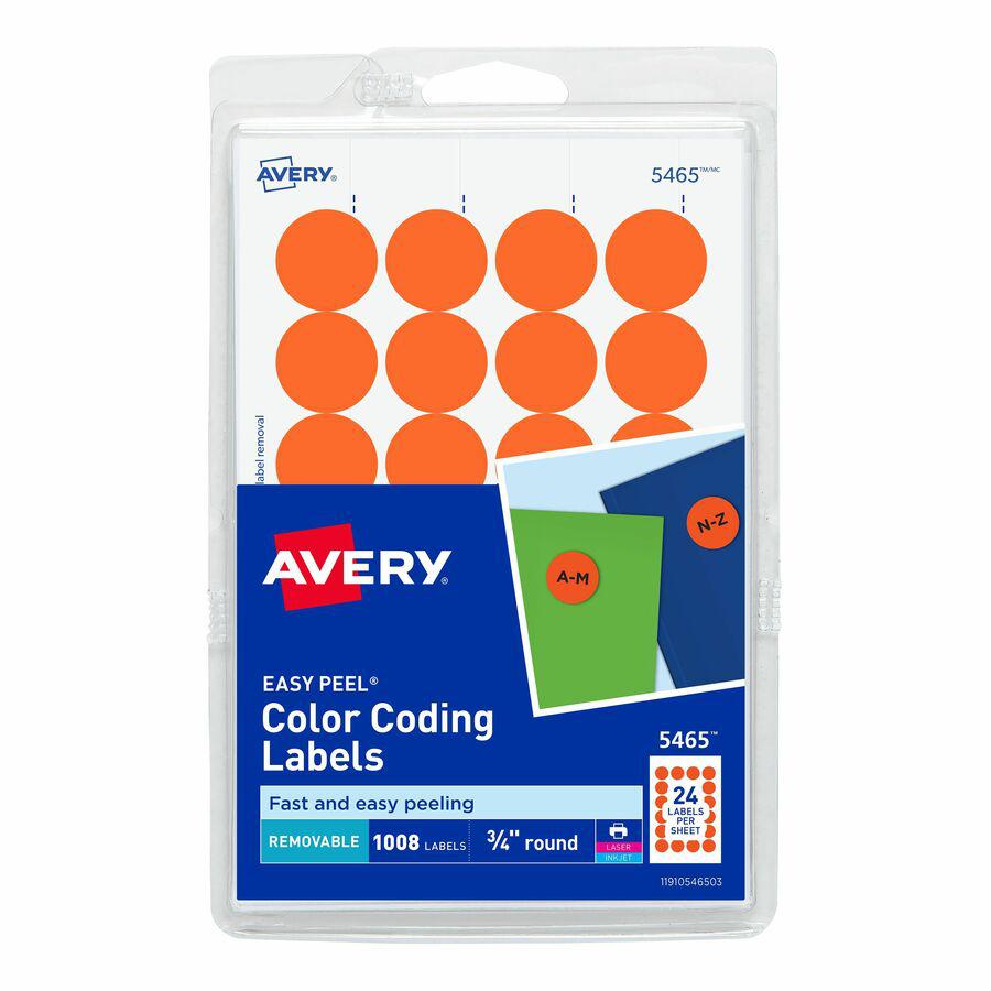 Avery&reg; 3/4" Round Removable Color Coding Labels - 4" Height x 6" Width - 3/4" Diameter - Removable Adhesive - Round - Laser, Inkjet - Orange - Paper - 24 / Sheet - 42 Total Sheets - 1008 Total Lab. Picture 3