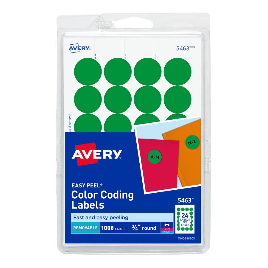 Avery&reg; Color-Coding Labels - - Width3/4" Diameter - Removable Adhesive - Round - Laser, Inkjet - Matte - Green - Paper - 24 / Sheet - 42 Total Sheets - 1008 Total Label(s) - 1008 / Pack. Picture 3