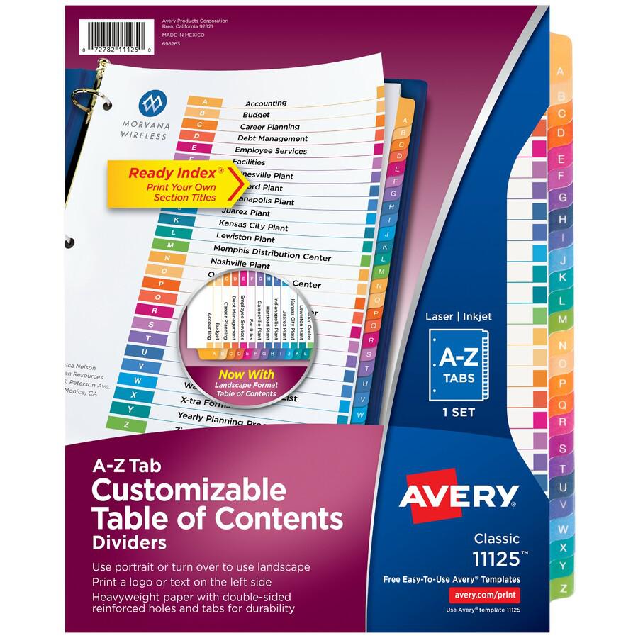 Avery&reg; Ready Index A-Z Table of Contents Dividers - 26 x Divider(s) - A-Z - 26 Tab(s)/Set - 8.5" Divider Width x 11" Divider Length - 3 Hole Punched - White Paper Divider - Multicolor Paper Tab(s). Picture 2