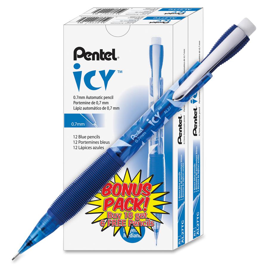 Pentel Icy Mechanical Pencil - #2 Lead - 0.7 mm Lead Diameter - Refillable - Translucent Blue Barrel - 24 / Pack. Picture 5