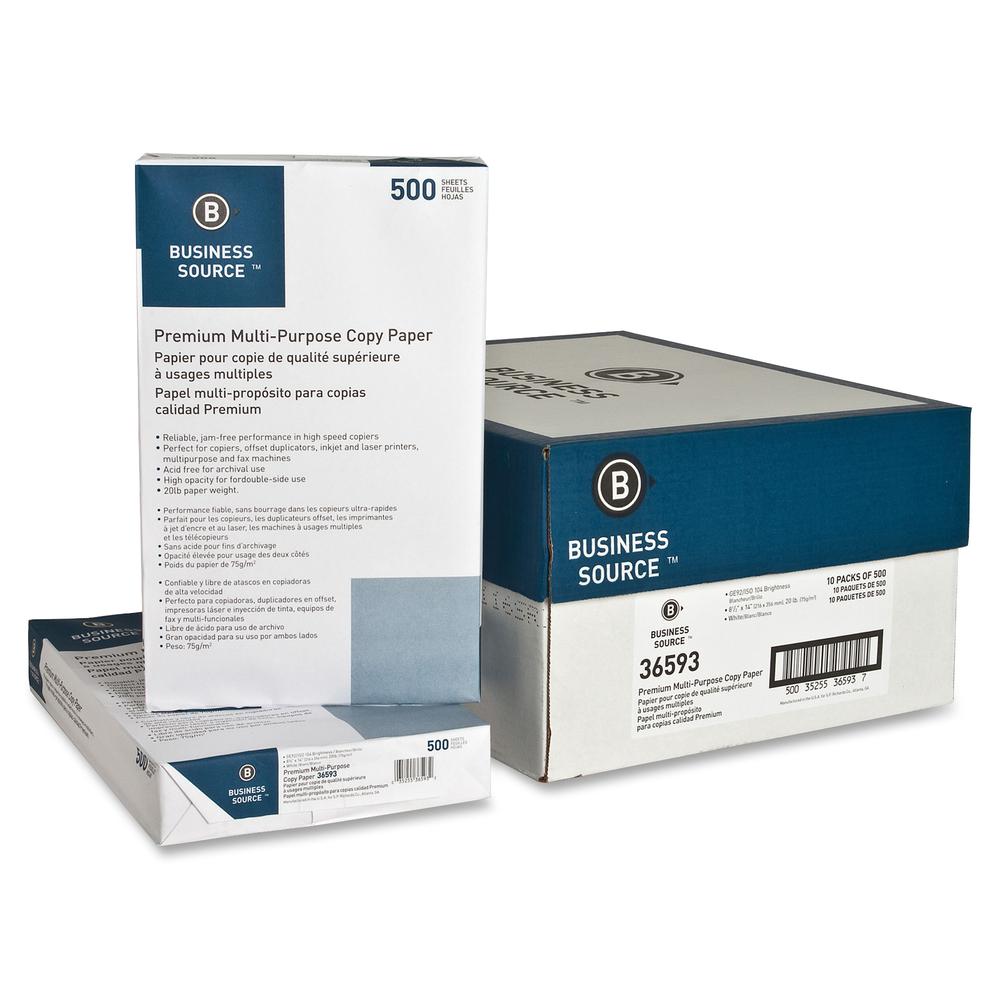 Business Source Premium Multipurpose Copy Paper - Legal - 8 1/2" x 14" - 20 lb Basis Weight - 5000 / Carton - White. Picture 3