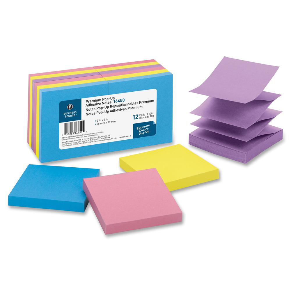 Business Source Reposition Pop-up Adhesive Notes - 3" x 3" - Square - Assorted - Removable, Repositionable, Solvent-free Adhesive - 12 / Pack. Picture 2