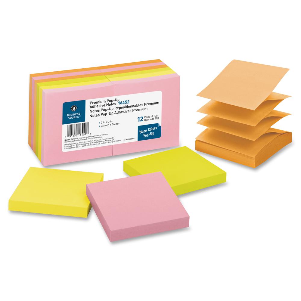 Business Source Reposition Pop-up Adhesive Notes - 3" x 3" - Square - Assorted Neon - Removable, Repositionable, Solvent-free Adhesive - 12 / Pack. Picture 2