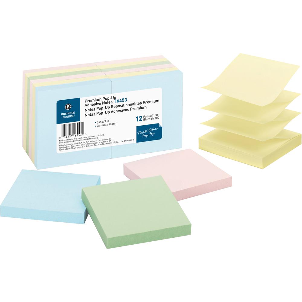 Business Source Reposition Pop-up Adhesive Notes - 3" x 3" - Square - Assorted Pastel - Removable, Repositionable, Solvent-free Adhesive - 12 / Pack. Picture 2
