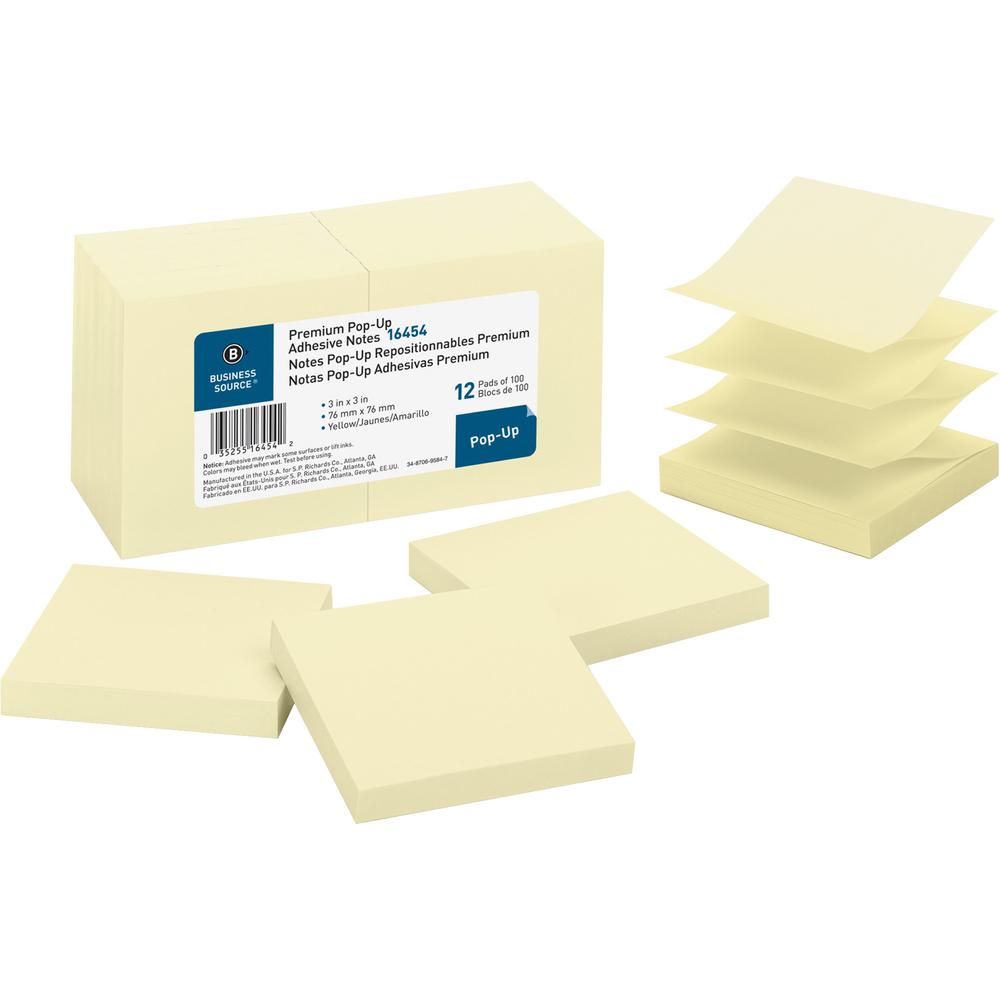 Business Source Reposition Pop-up Adhesive Notes - 3" x 3" - Square - Yellow - Removable, Repositionable, Solvent-free Adhesive - 12 / Pack. Picture 2