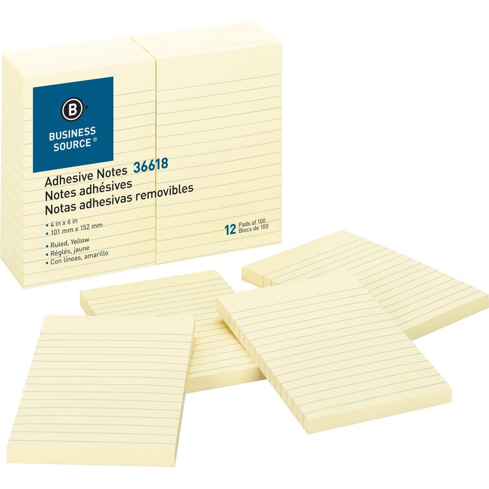 Business Source Ruled Adhesive Notes - 4" x 6" - Rectangle - Ruled - Yellow - Solvent-free Adhesive, Self-adhesive - 12 / Pack. Picture 2