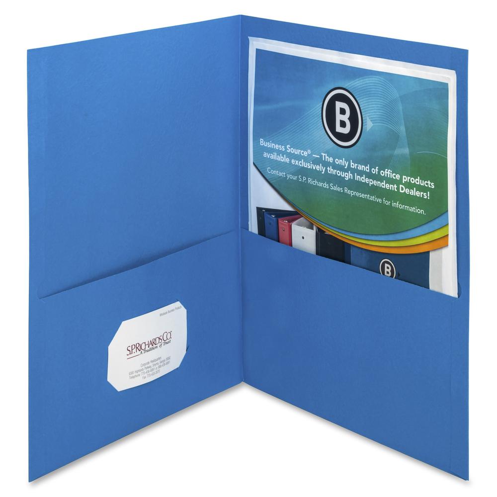 Business Source Letter Recycled Pocket Folder - 8 1/2" x 11" - 125 Sheet Capacity - 2 Inside Front & Back Pocket(s) - Paper - Blue - 35% Recycled - 25 / Box. Picture 3