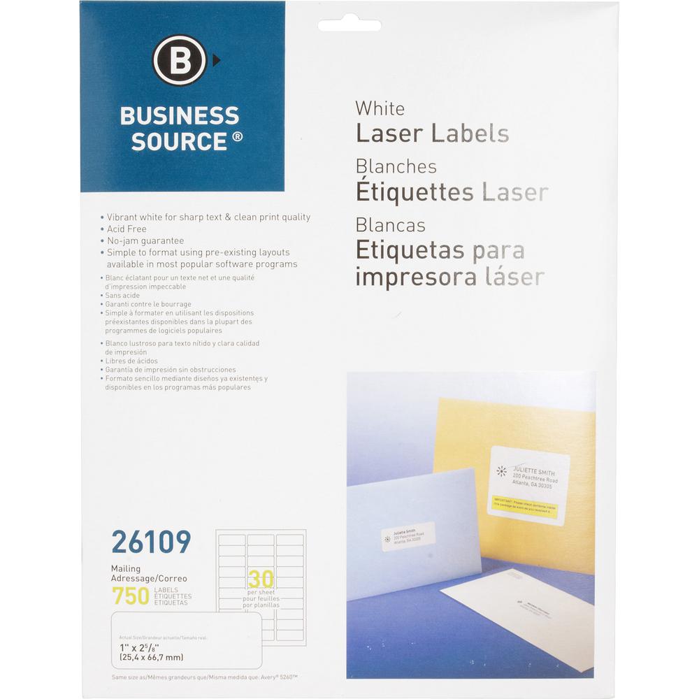 Business Source Bright White Premium-quality Address Labels - 1" Width x 2 5/8" Length - Permanent Adhesive - Rectangle - Laser, Inkjet - White - 30 / Sheet - 25 Total Sheets - 750 / Pack - Lignin-fre. Picture 3
