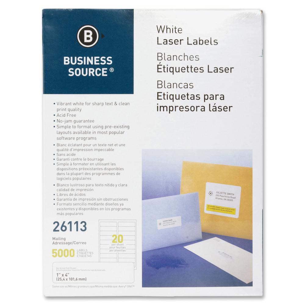 Business Source Bright White Premium-quality Address Labels - 1" Width x 4" Length - Permanent Adhesive - Rectangle - Laser, Inkjet - White - 20 / Sheet - 250 Total Sheets - 5000 / Pack - Lignin-free,. Picture 3