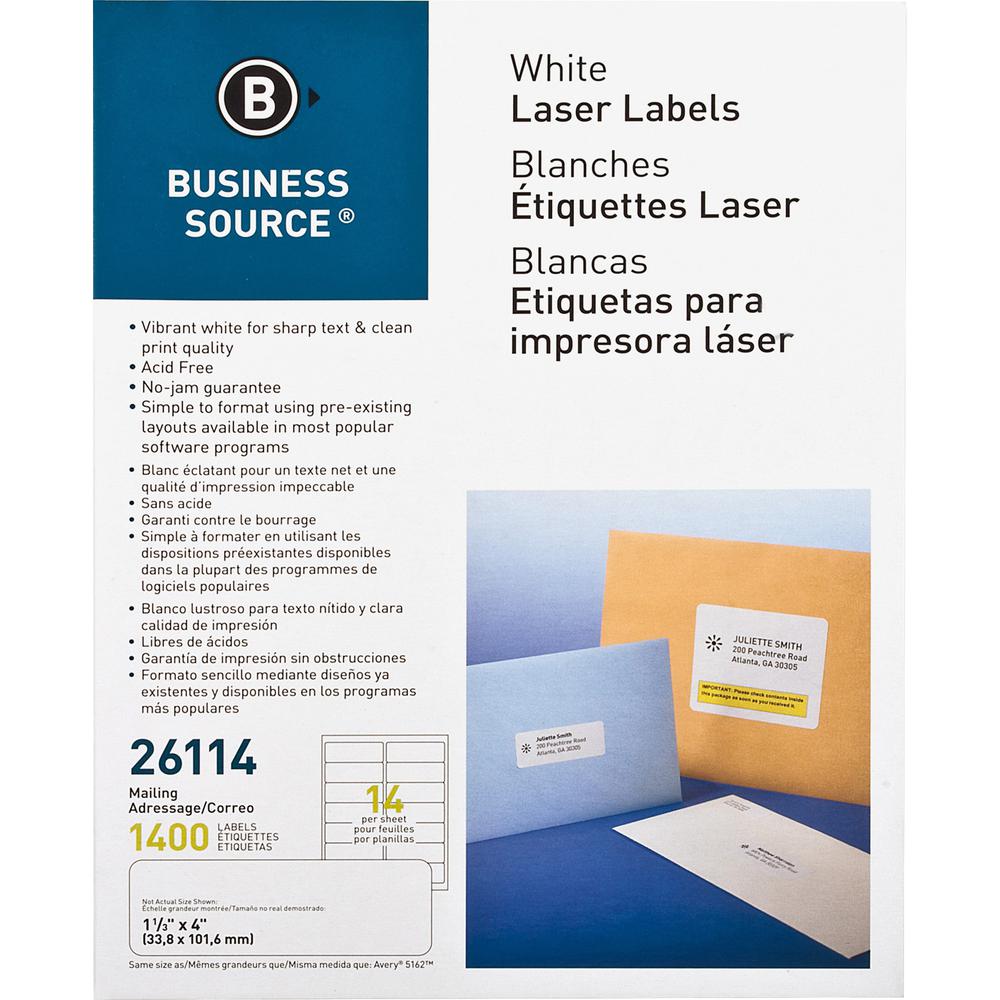 Business Source Bright White Premium-quality Address Labels - 1 1/3" x 4" Length - Permanent Adhesive - Rectangle - Laser, Inkjet - White - 14 / Sheet - 100 Total Sheets - 1400 / Pack - Lignin-free, J. Picture 3
