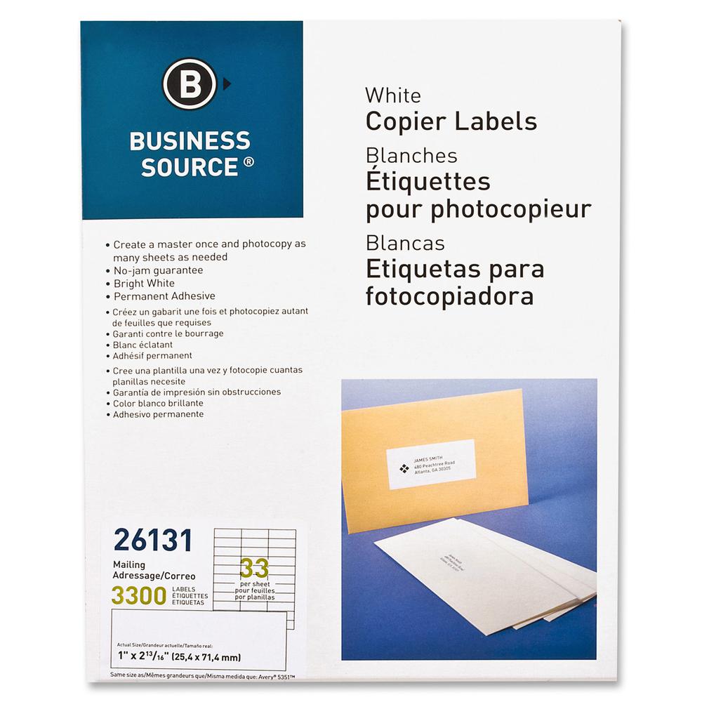 Business Source Bright White Copier Labels - 1" Width x 2 3/4" Length - Rectangle - White - 33 / Sheet - 3300 / Pack - Lignin-free, Jam-free. Picture 3