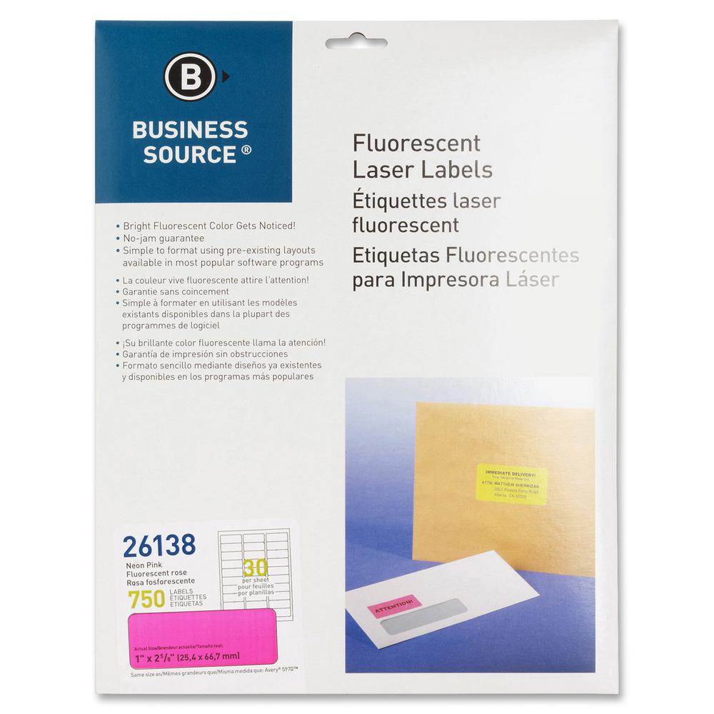 Business Source Neon Labels - 1" Width x 2 5/8" Length - Permanent Adhesive - Rectangle - Laser - Neon Pink - 30 / Sheet - 750 / Pack - Jam-free, Pressure Sensitive. Picture 2