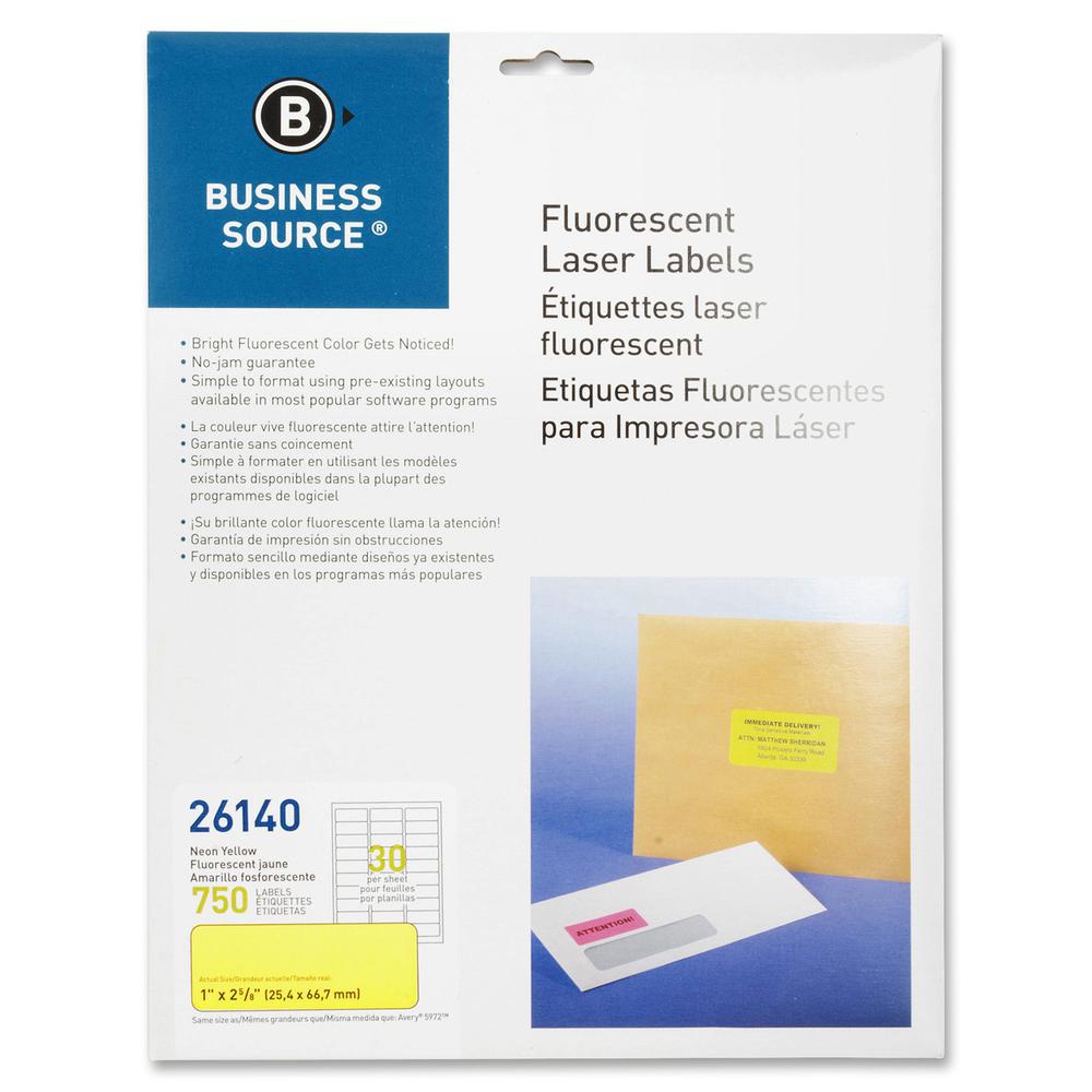 Business Source Neon Labels - 1" Width x 2 5/8" Length - Permanent Adhesive - Rectangle - Laser - Neon Yellow - 30 / Sheet - 750 / Pack - Jam-free, Pressure Sensitive. Picture 2