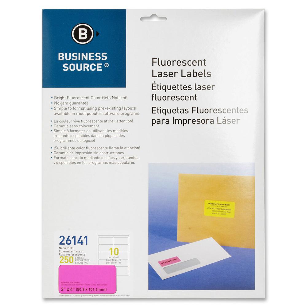Business Source 2" Fluorescent Color Laser Labels - 2" x 4" Length - Permanent Adhesive - Rectangle - Laser - Neon Pink - 10 / Sheet - 250 / Pack. Picture 2