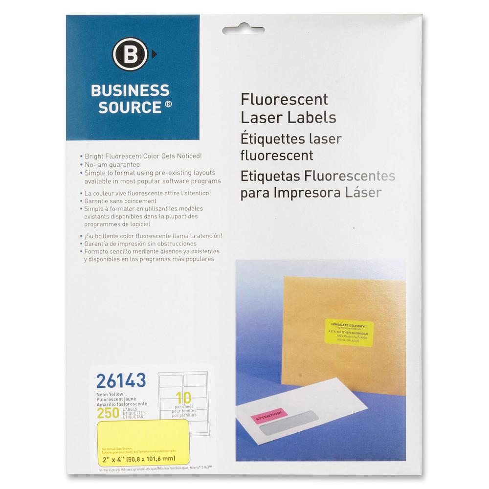 Business Source Neon Labels - 2" Width x 4" Length - Permanent Adhesive - Rectangle - Laser - Neon Yellow - 10 / Sheet - 250 / Pack - Jam-free, Pressure Sensitive. Picture 3
