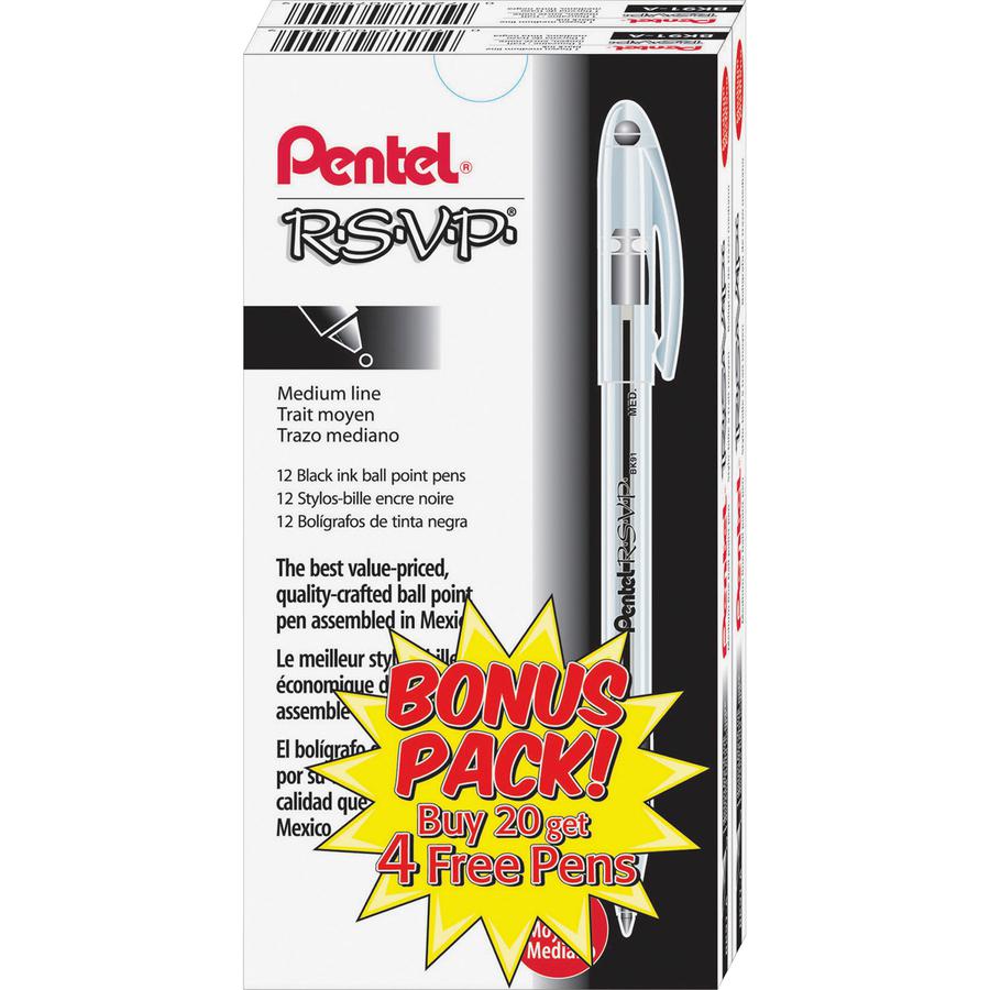 Pentel R.S.V.P. Ballpoint Stick Pens - Medium Pen Point - Refillable - Black - Clear Barrel - Stainless Steel Tip - 24 / Pack. Picture 2