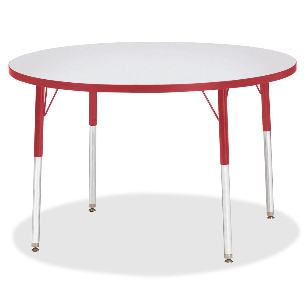 Jonti-Craft Berries Adult Gray Laminate Round Table - Laminated Round, Red Top - Four Leg Base - 4 Legs - Adjustable Height - 11" to 15" Adjustment x 1.13" Table Top Thickness x 42" Table Top Diameter. Picture 2