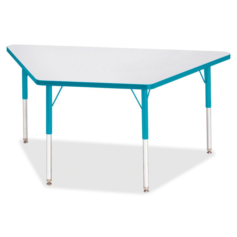 Jonti-Craft Berries Adult-Size Gray Laminate Trapezoid Table - Laminated Trapezoid, Teal Top - Four Leg Base - 4 Legs - Adjustable Height - 24" to 31" Adjustment - 60" Table Top Length x 30" Table Top. Picture 3
