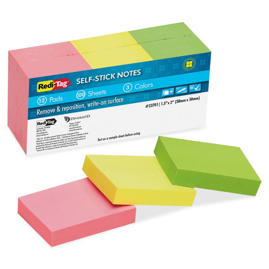 Redi-Tag Self-Stick Recycled Neon Notes - 400 x Neon Pink, 400 x Neon Green, 400 x Neon Yellow - 1 1/2" x 2" - Rectangle - 100 Sheets per Pad - Neon Pink, Neon Yellow, Neon Green - Self-stick, Solvent. Picture 2