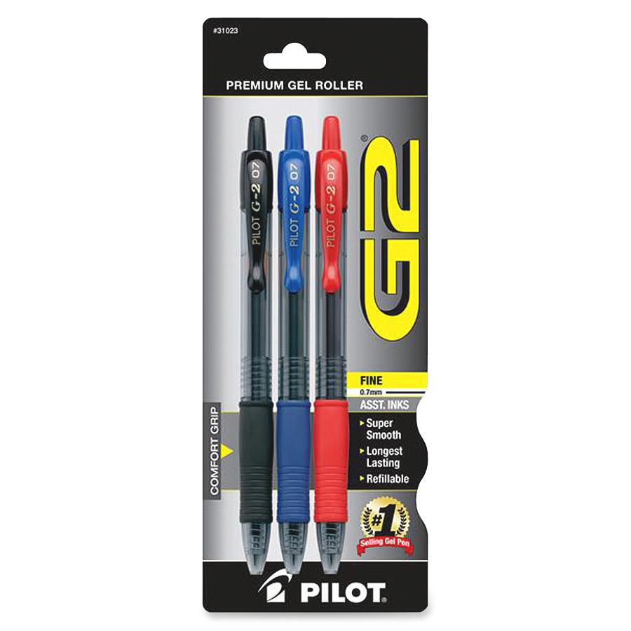 Pilot G2 Retractable Gel Ink Pens - Fine Pen Point - 0.7 mm Pen Point Size - Refillable - Retractable - Black, Blue, Red Gel-based Ink - Black, Blue, Red Barrel - 3 / Pack. Picture 2