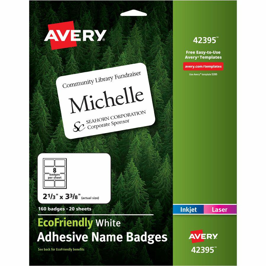 Avery&reg; Eco-friendly Premium Name Badge Labels - 2 21/64" Width x 3 3/8" Length - Removable Adhesive - Rectangle - Laser, Inkjet - White - Paper - 8 / Sheet - 20 Total Sheets - 160 Total Label(s) -. Picture 2