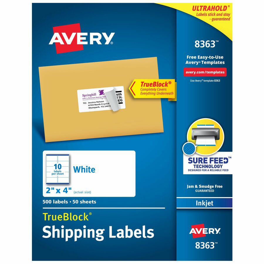 Avery&reg; Shipping Labels, Sure Feed&reg;, 2" x 4" , 500 Labels (8363) - 8 1/2" Width x 11" Length - Permanent Adhesive - Rectangle - Inkjet - White - Paper - 10 / Sheet - 50 Total Sheets - 500 Total. Picture 4