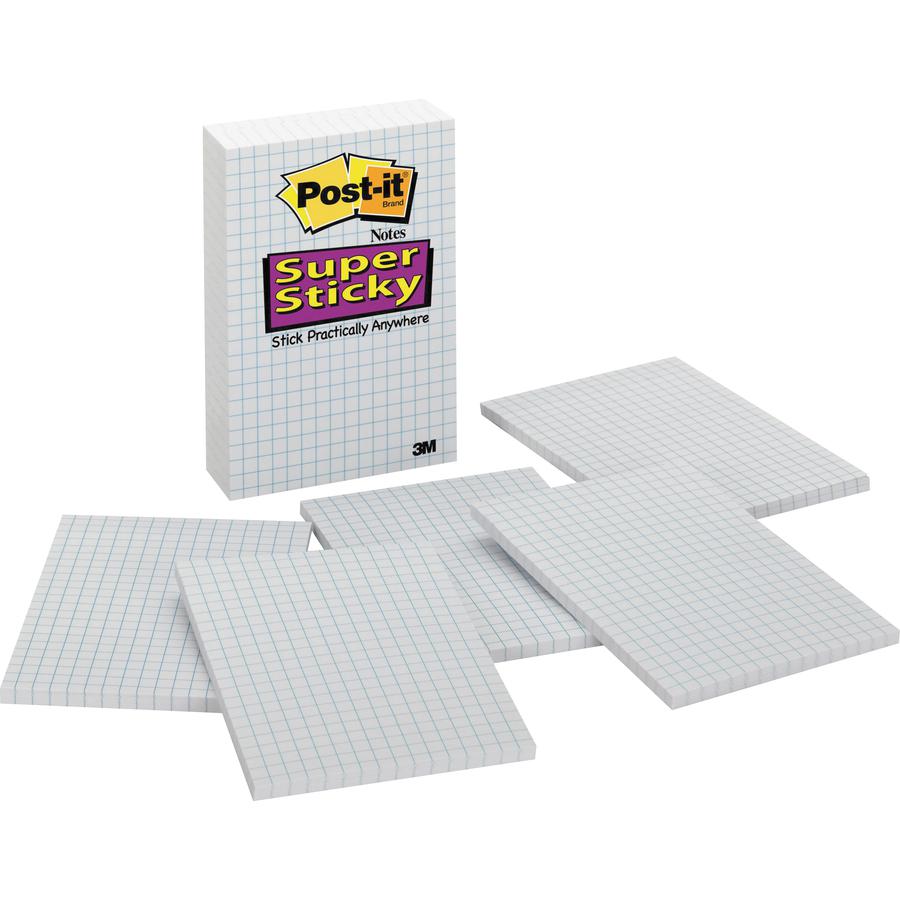 Post-it Grid-Lined Notes, 4 in x 6 in, White with Blue Grid - 600 x White - 4" x 6" - Rectangle - 50 Sheets per Pad - Grid - White - Paper - Self-adhesive, Repositionable - 3 / Pack. Picture 2