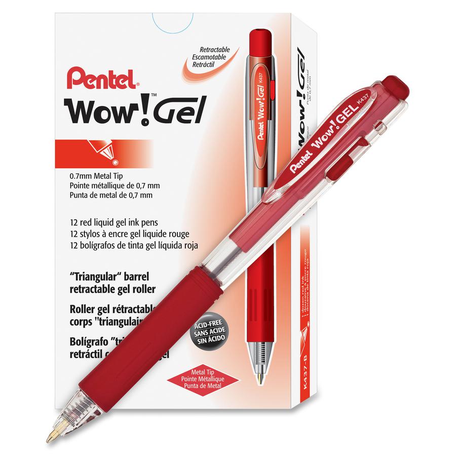 Pentel Wow! Gel Pens - Medium Pen Point - 0.7 mm Pen Point Size - Retractable - Red Gel-based Ink - Clear Barrel - 1 Dozen. Picture 2