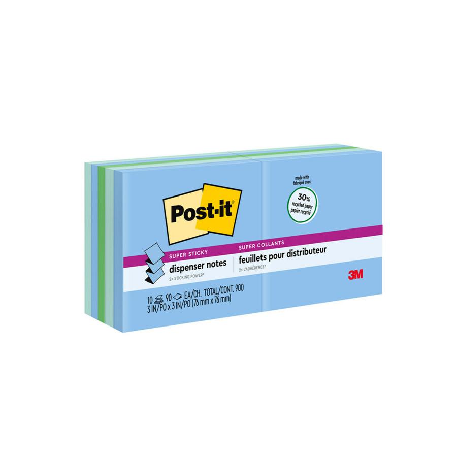 Post-it&reg; Super Sticky Adhesive Notes - Oasis Color Collection - 900 x Assorted - 3" x 3" - Square - 90 Sheets per Pad - Washed Denim, Fresh Mint, Lucky Green - Paper - 10 / Pack - Recycled. Picture 5