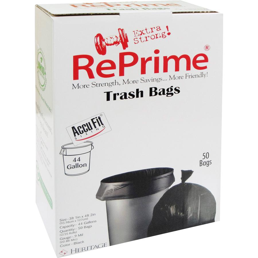 Heritage RePrime AccuFit 44-gal Can Liners - 44 gal Capacity - 37" Width x 50" Length - 0.90 mil (23 Micron) Thickness - Low Density - Black - Linear Low-Density Polyethylene (LLDPE) - 50/Box - Garbag. Picture 2