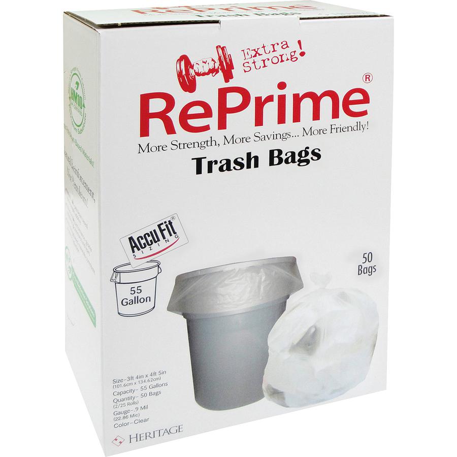 Heritage AccuFit RePrime Can Liners - 55 gal Capacity - 40" Width x 53" Length - 0.90 mil (23 Micron) Thickness - Low Density - Clear - Linear Low-Density Polyethylene (LLDPE) - 50/Box - Garbage. Picture 3