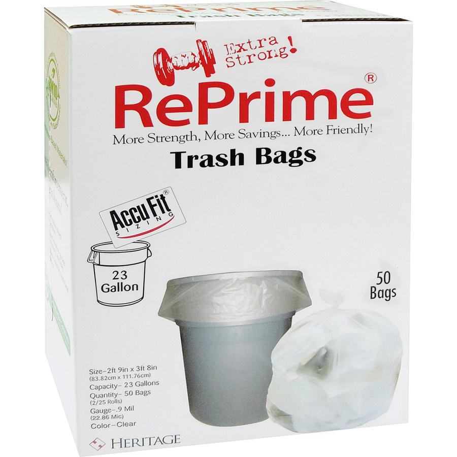 Heritage Accufit RePrime Trash Bags - 23 gal Capacity - 28" Width x 45" Length - 0.90 mil (23 Micron) Thickness - Low Density - Clear - Linear Low-Density Polyethylene (LLDPE) - 50/Box - Waste Disposa. Picture 2