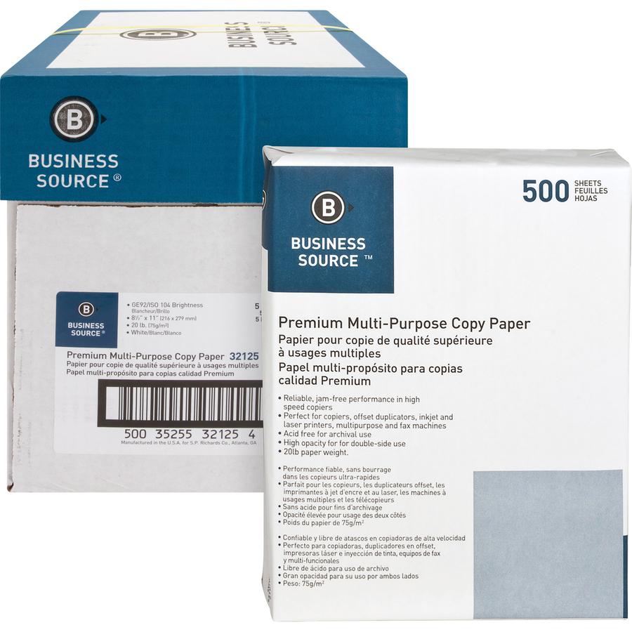 Business Source Premium Multipurpose Copy Paper - Letter - 8 1/2" x 11" - 20 lb Basis Weight - 2500 / Carton - White. Picture 7