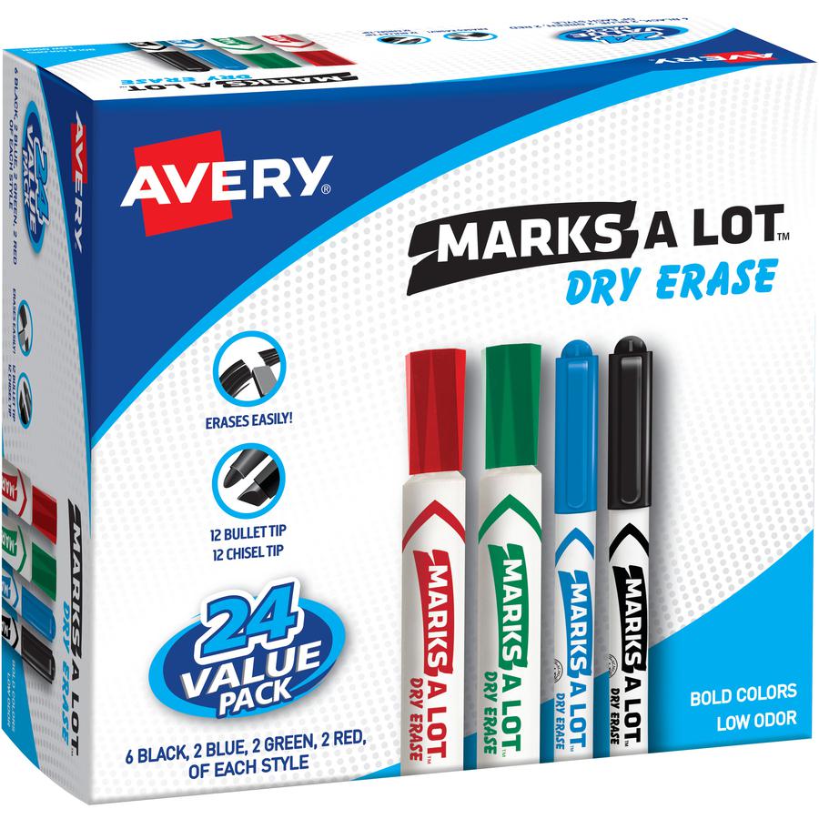 Avery&reg; Desk & Pen-Style Dry Erase Markers - Chisel Marker Point Style - Black, Blue, Green, Red - Assorted Barrel - 24 / Box. Picture 3