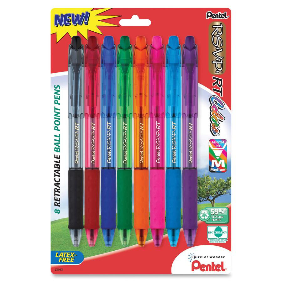 Pentel Recycled Retractable R.S.V.P. Colors Pens - Medium Pen Point - 1 mm Pen Point Size - Refillable - Retractable - Assorted - Assorted Barrel - Metal, Stainless Steel Tip - 8 / Pack. Picture 2