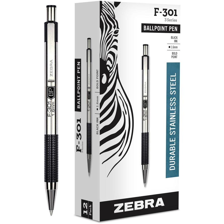 Zebra STEEL 3 Series F-301 Retractable Ballpoint Pen - Bold Pen Point - 1.6 mm Pen Point Size - Refillable - Retractable - Black - Stainless Steel Barrel - 1 Dozen. Picture 3