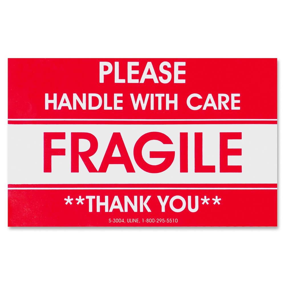 Tatco Fragile/Handle With Care Shipping Label - "Fragile - Handle with Care, Thank You" - 3" Width x 5" Length - Rectangle - Red - 500 / Roll - 500 / Roll. Picture 2