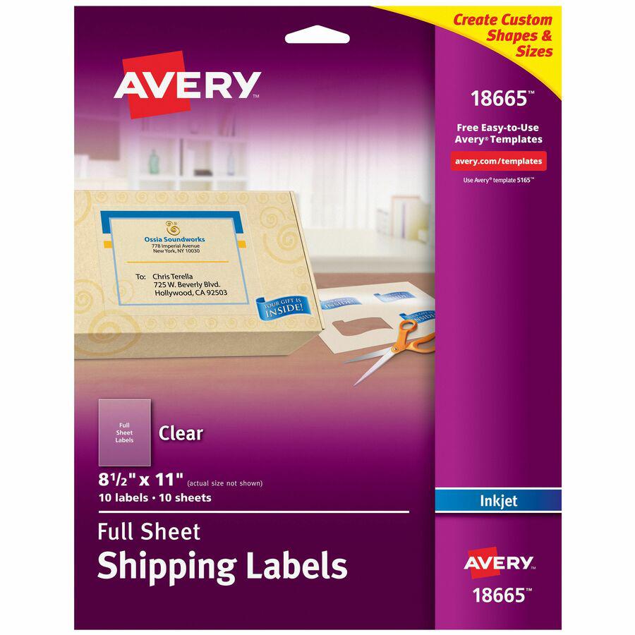 Avery&reg; Shipping Label - 8 1/2" Width x 11" Length - Permanent Adhesive - Rectangle - Inkjet - Frosted Clear - Film - 1 / Sheet - 10 Total Sheets - 10 Total Label(s) - 5 - Permanent Adhesive, Stick. Picture 3