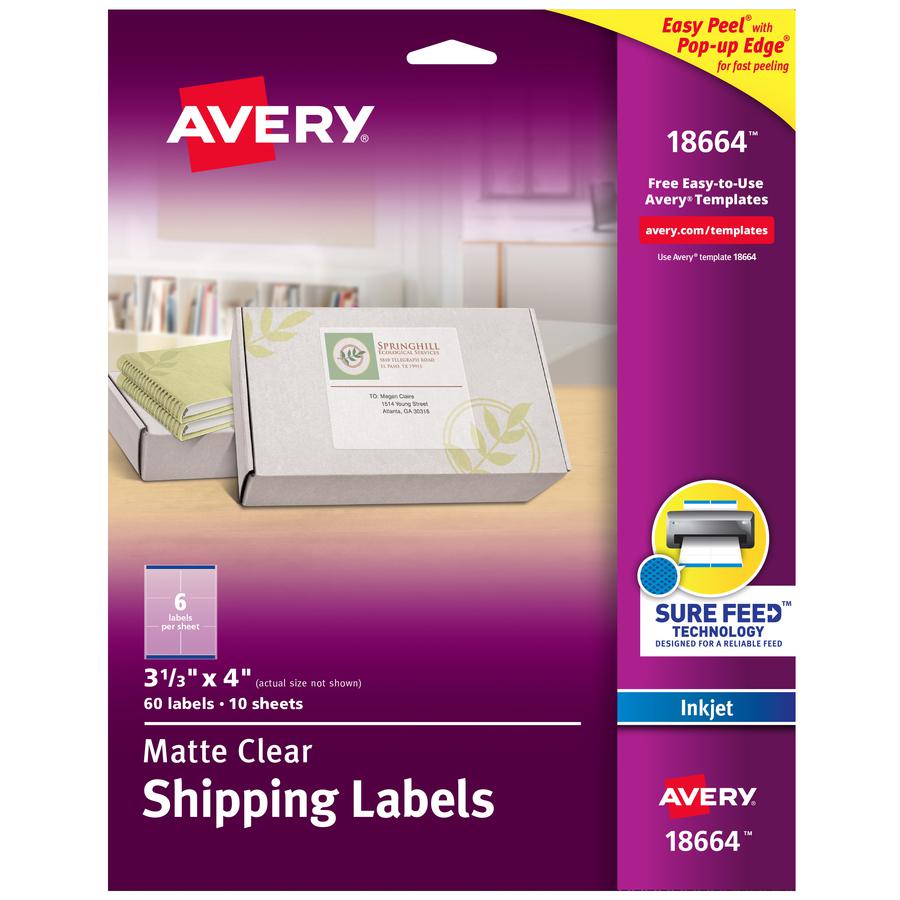 Avery&reg; Clear Shipping Labels, Sure Feed, 3-1/3" x 4" , 60 Labels (18664) - 3 21/64" Width x 4" Length - Permanent Adhesive - Rectangle - Inkjet - Clear - Film - 6 / Sheet - 10 Total Sheets - 60 To. Picture 4