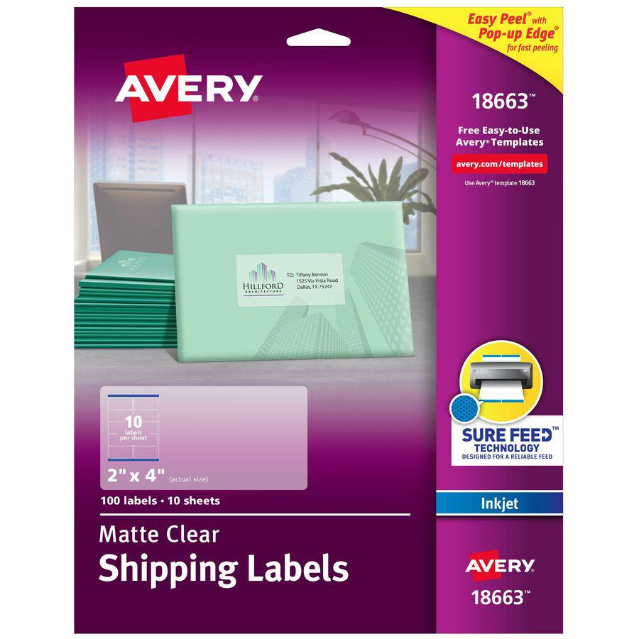 Avery&reg; Shipping Labels, Sure Feed, 2" x 4" , 100 Clear Labels (18663) - 2" Width x 4" Length - Permanent Adhesive - Rectangle - Inkjet - Clear - Film - 10 / Sheet - 10 Total Sheets - 100 Total Lab. Picture 5