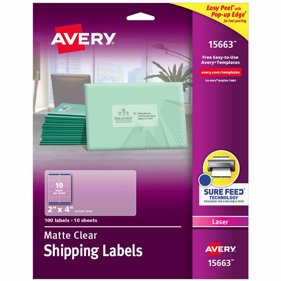 Avery&reg; Clear Shipping Labels, Sure Feed, 2" x 4" , 100 Labels (15663) - 2" Width x 4" Length - Permanent Adhesive - Rectangle - Laser - Clear - Film - 10 / Sheet - 10 Total Sheets - 100 Total Labe. Picture 4