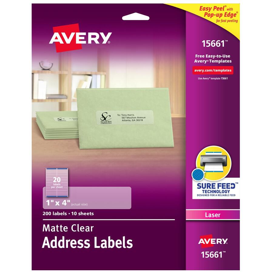 Avery&reg; Easy Peel Return Address Labels - 1" Width x 4" Length - Permanent Adhesive - Rectangle - Laser - Clear - Film - 20 / Sheet - 10 Total Sheets - 200 Total Label(s) - 5. Picture 2