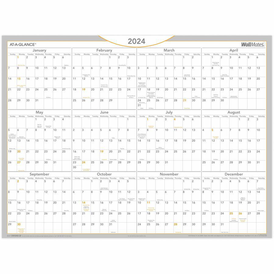 At-A-Glance WallMates Self-Adhesive Dry-Erase Calendar - Large Size - Yearly - 12 Month - January 2024 - December 2024 - 18" x 24" White Sheet - White - Laminate - Erasable, Self-adhesive, Dry Erase S. Picture 2