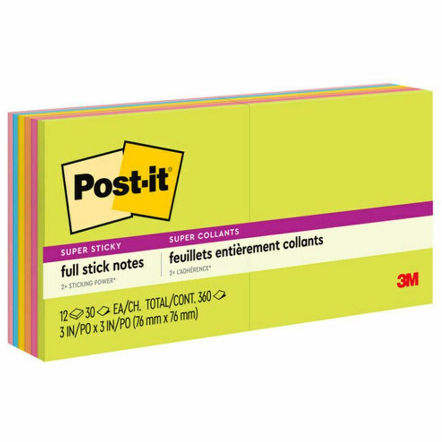 Post-it&reg; Super Sticky Full Adhesive Notes - Energy Boost Color Collection - 360 - 3" x 3" - Square - 30 Sheets per Pad - Unruled - Neon Green, Fireball Fuchsia, Neon Orange, Yellow, Electric Blue,. Picture 5