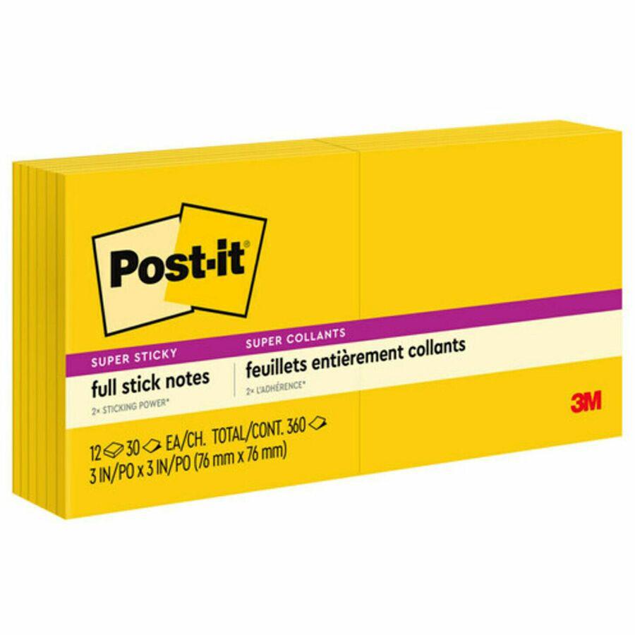 Post-it&reg; Super Sticky Full Adhesive Notes - 300 x Yellow - 3" x 3" - Square - 25 Sheets per Pad - Unruled - Sunnyside - Paper - 12 / Pack. Picture 4